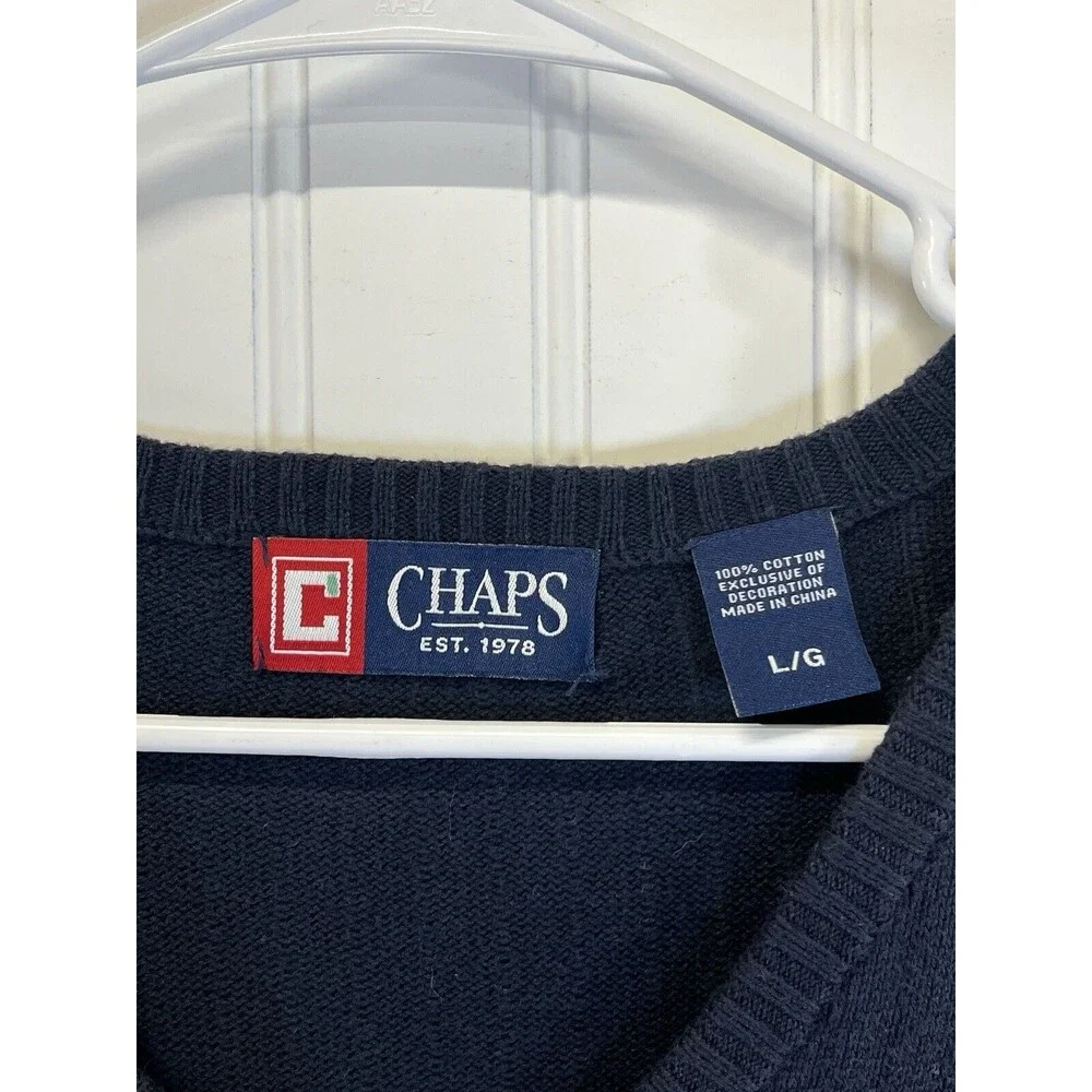 Chaps Logo Mens V Neck Sweater Vest‎ Large Navy Blue Cotton Ribbed Hem Pullover - Picture 2 of 6